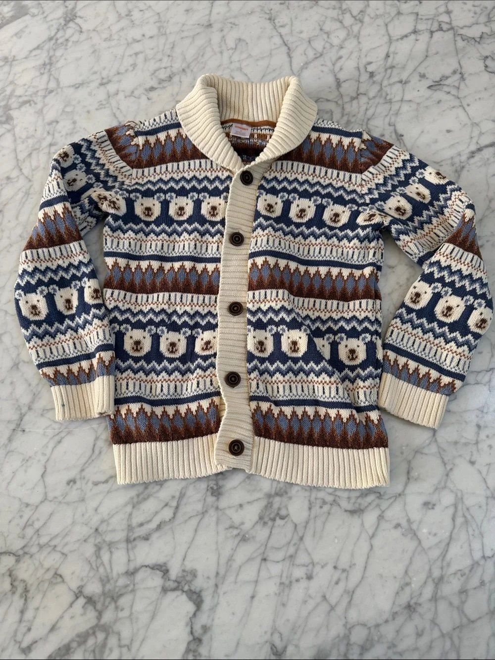 Gymboree Sz 8 Kid Boys Polar Bear Fairisle Knit Cardigan Bear Hugs Blue